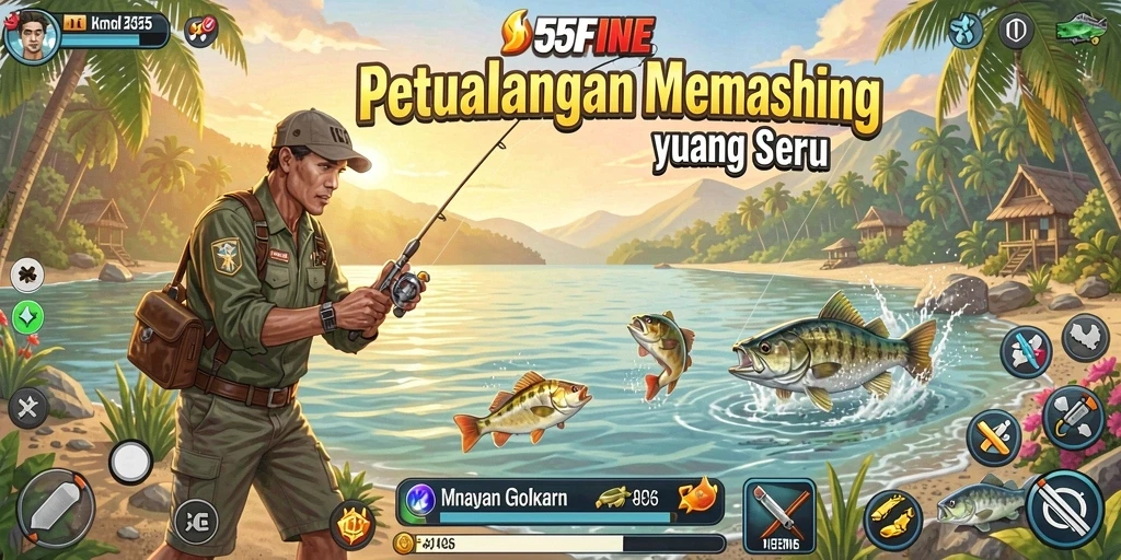 Tampilan gameplay 55FIVE dengan ikan yang sedang ditangkap.