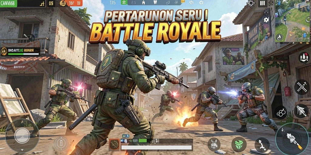 Screenshot CANVA168 menampilkan aksi seru di medan perang Battle Royale.