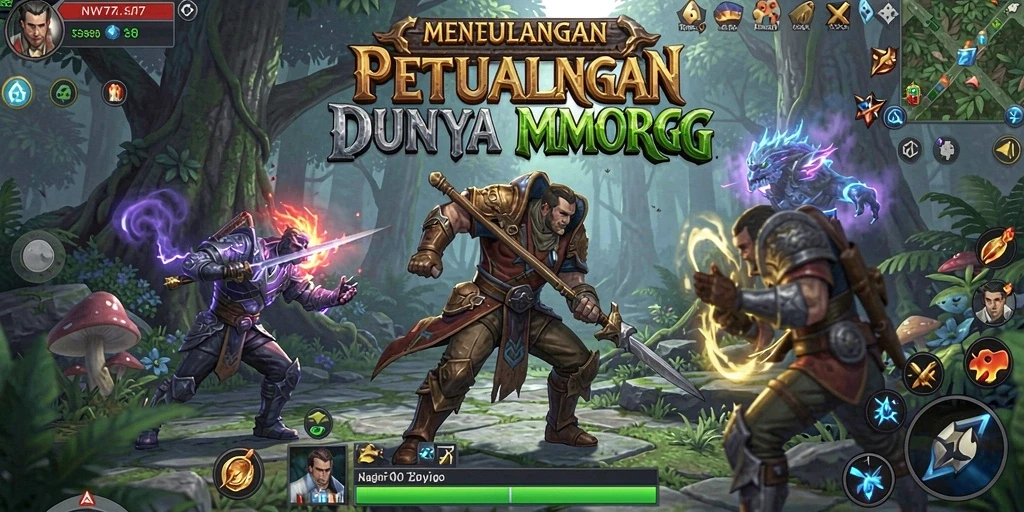 Screenshot utama NV77 menampilkan pertempuran seru di dunia MMORPG.