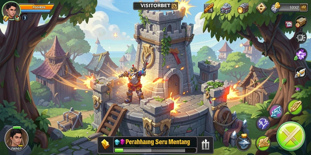 Tangkapan layar gameplay <strong>VISITORBET</strong> yang menunjukkan pertarungan menara.
