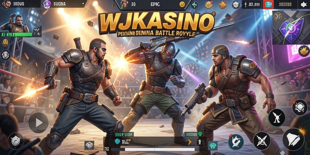 Tampilan seru gameplay WJKASINO dengan aksi bertempur di arena Battle Royale.
